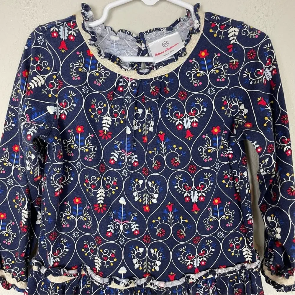 Hanna Andersson Navy Floral Brushed Cotton / Flannel Long Sleeve Dress 100 - 4y